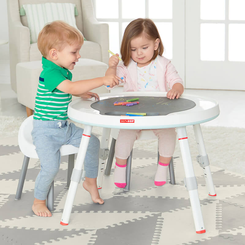 Skip Hop Silver Lining Cloud Activity Centre converted into a toddler play table with chalkboard surface