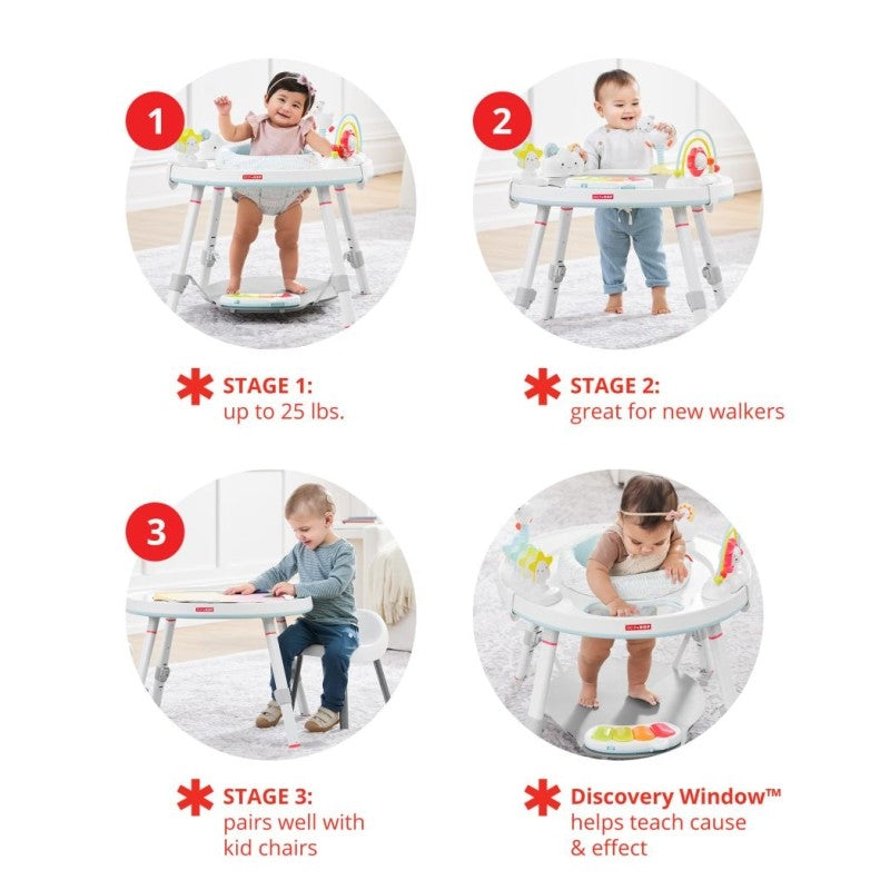 Baby playing in the 360-degree rotating seat of the Skip Hop Silver Lining Cloud Activity Centre