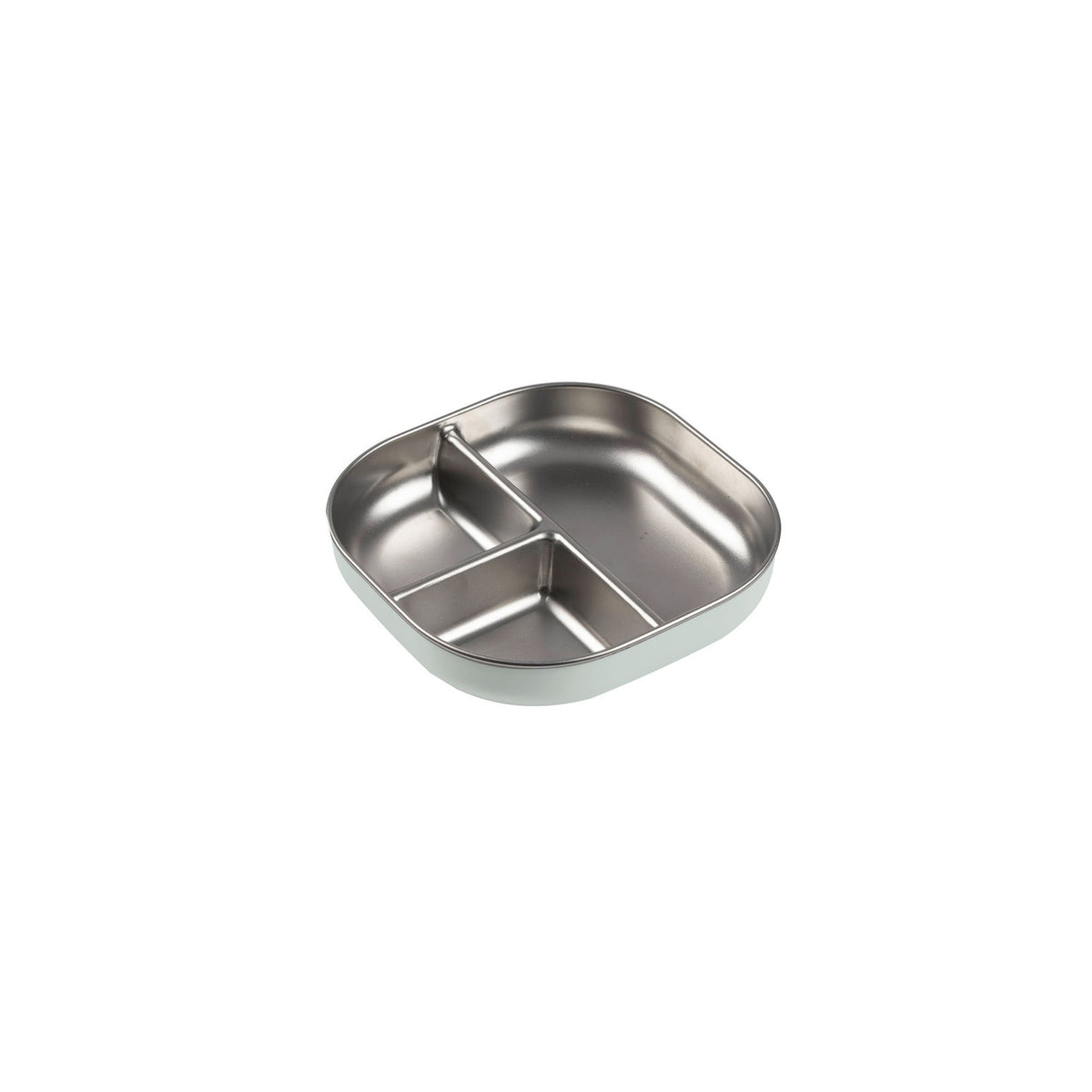 Beaba stainless steel divided lunch tray with three compartments, shown on a plain white background.